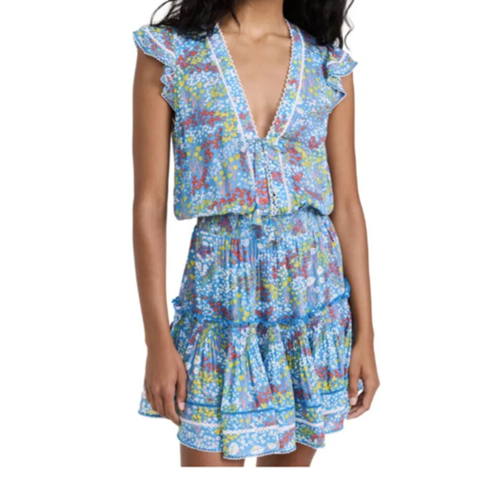 Poupette St Barth Mini Dress Anais V Blue Floral Ruffle Medium $350